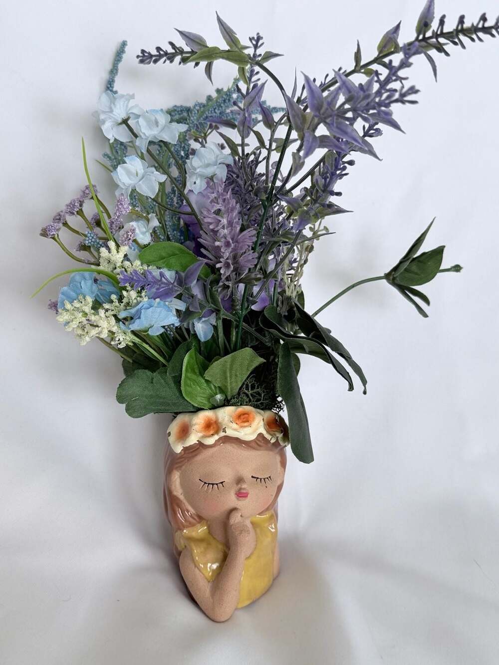 Ceramic Girl Face Flower Pot with Artificial Floral Arrangement